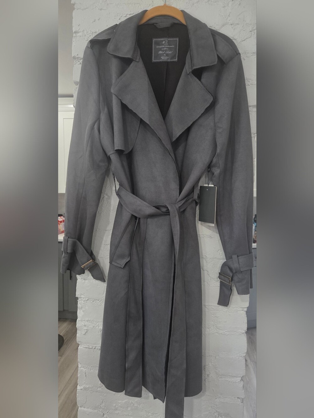 NWT - Black Label Charcoal Faux Suede Gray Trench Coat with Self Tie Belt